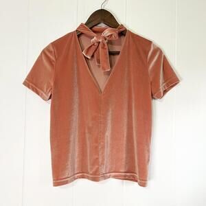 Madewell Pink Dried Coral Velvet Tie-Neck Short Sleeve Blouse Top Women's XS